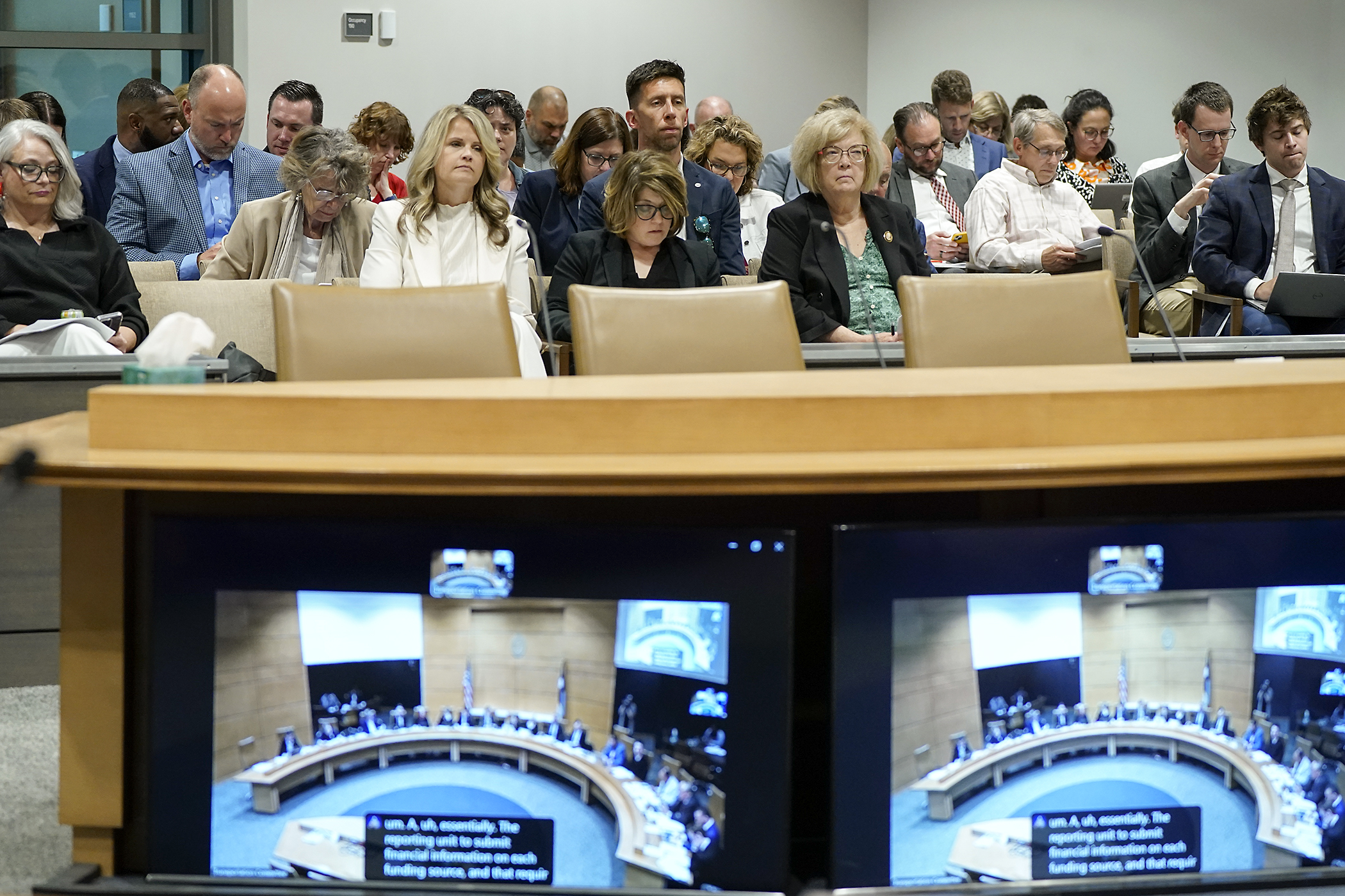 Stakeholders and community members gather in a packed Minnesota Senate Building hearing room for a walkthrough of the transportation budget agreement June 6. (Photo by Michele Jokinen)